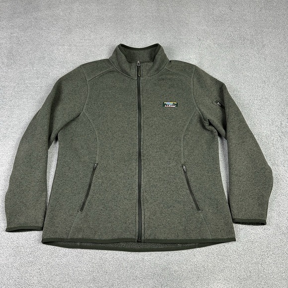 LL Bean Sweater Fleece Jacket Womens Large Petite Green Full Zip Outdoor Preppy - Picture 1 of 9